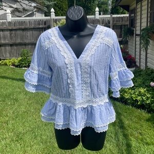 J Crew womens lacy peplum blouse XS blue white pleated romantic resort Victorian